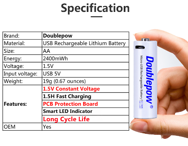 USB Fast Charge 1.5V 2400mWh AA Rechargeable lit-ion Battery